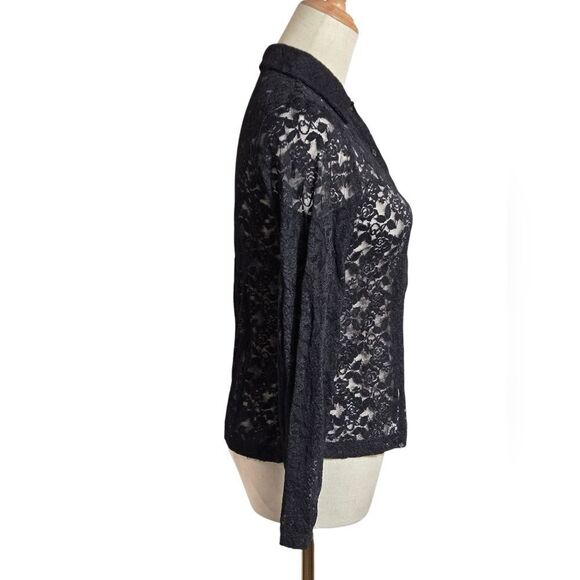 Black Rose Lace Sheer Stretch Collared Button-Up Top - Picture 3 of 5